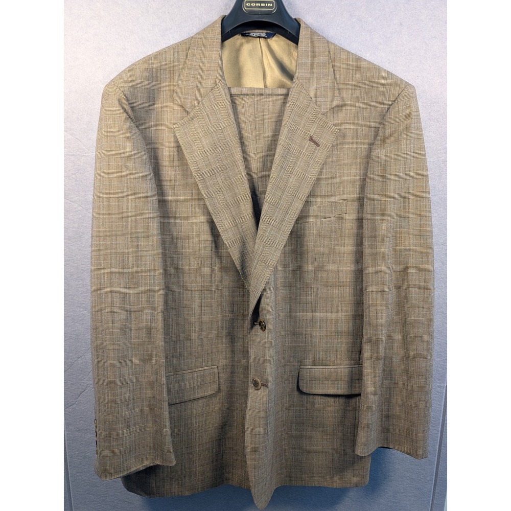 Corbin Suit Mens 48W 42L Tan Glen Plaid 100% Wool 2pc 90s Vintage NWT Defect